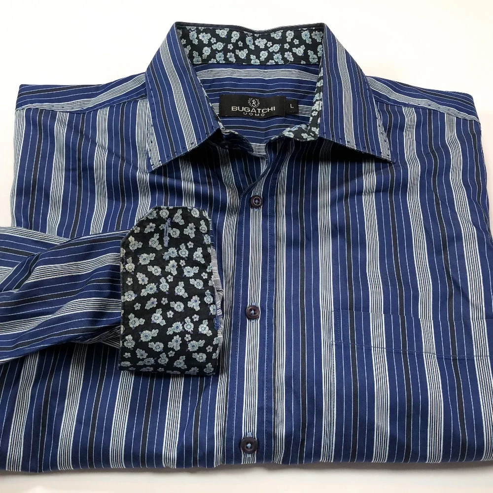Bugatchi Uomo L Floral Flip Cuff Blue Stripe Shirt - Picture 1 of 4